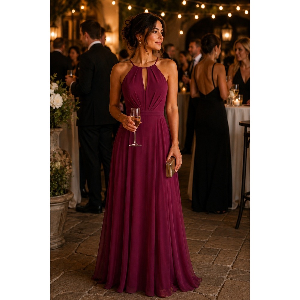 Azazie Cabernet Chiffon Maxi Dress A8 | Romantic Open Back Gown